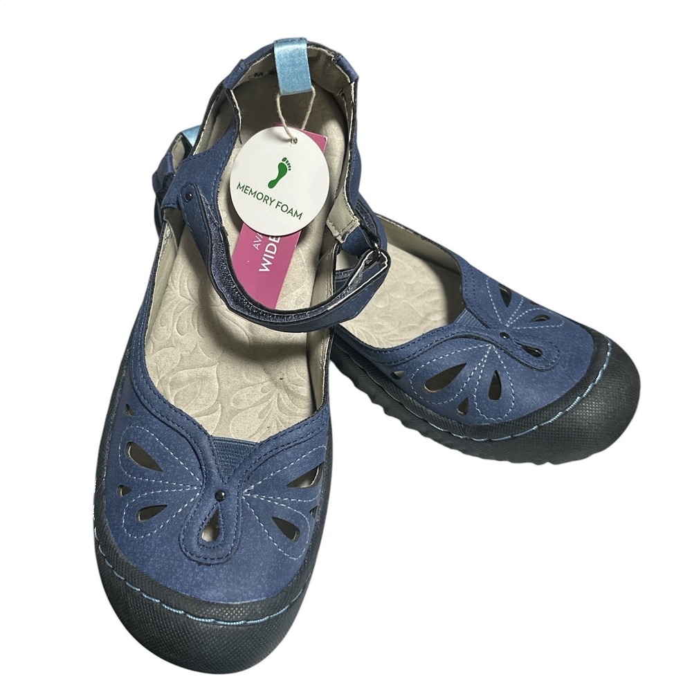 NWT, JBU Sport Meadow Navy Blue Mary Jane Shoes Floral Cutout Memory Foam 7M